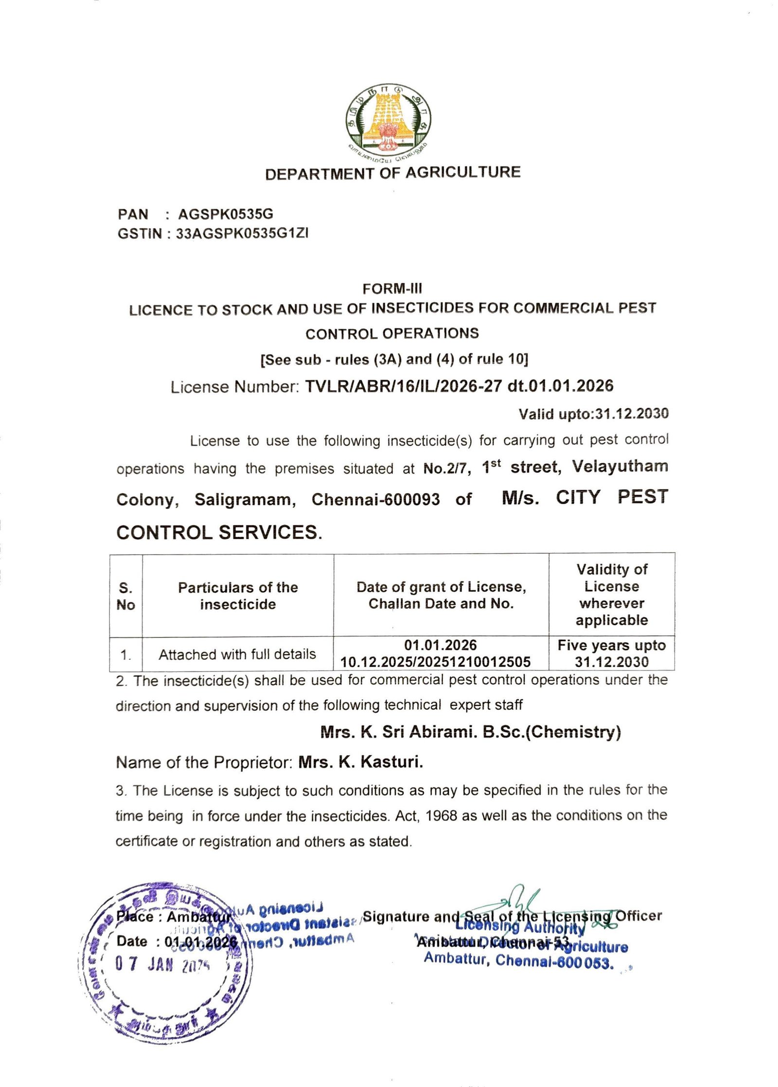 Licence to Stock and Use of Insecticides for Commercial Pest Control Operations